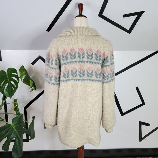 Alafoss of Iceland Vintage Fully Lined Hand Knit Wool Sweater Jacket - Large