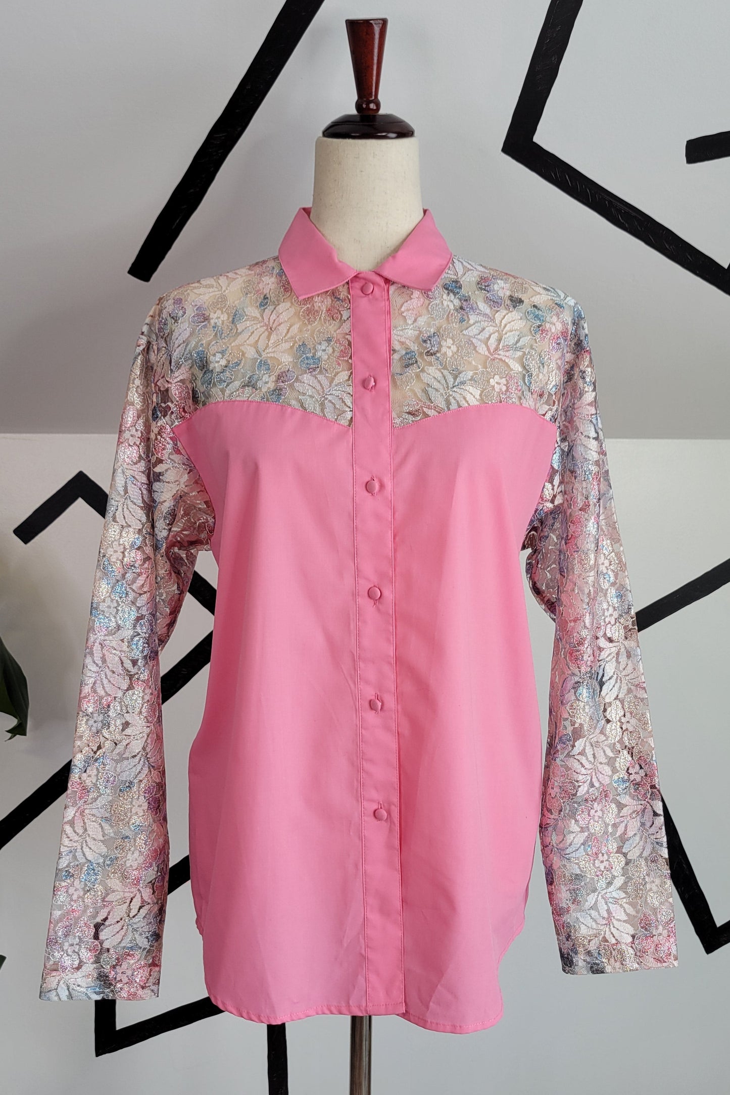 Wrangler Vintage 80s Shear Lace Yoke and Sleeves Western Top - large