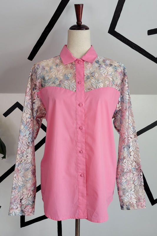 Wrangler Vintage 80s Shear Lace Yoke and Sleeves Western Top - large