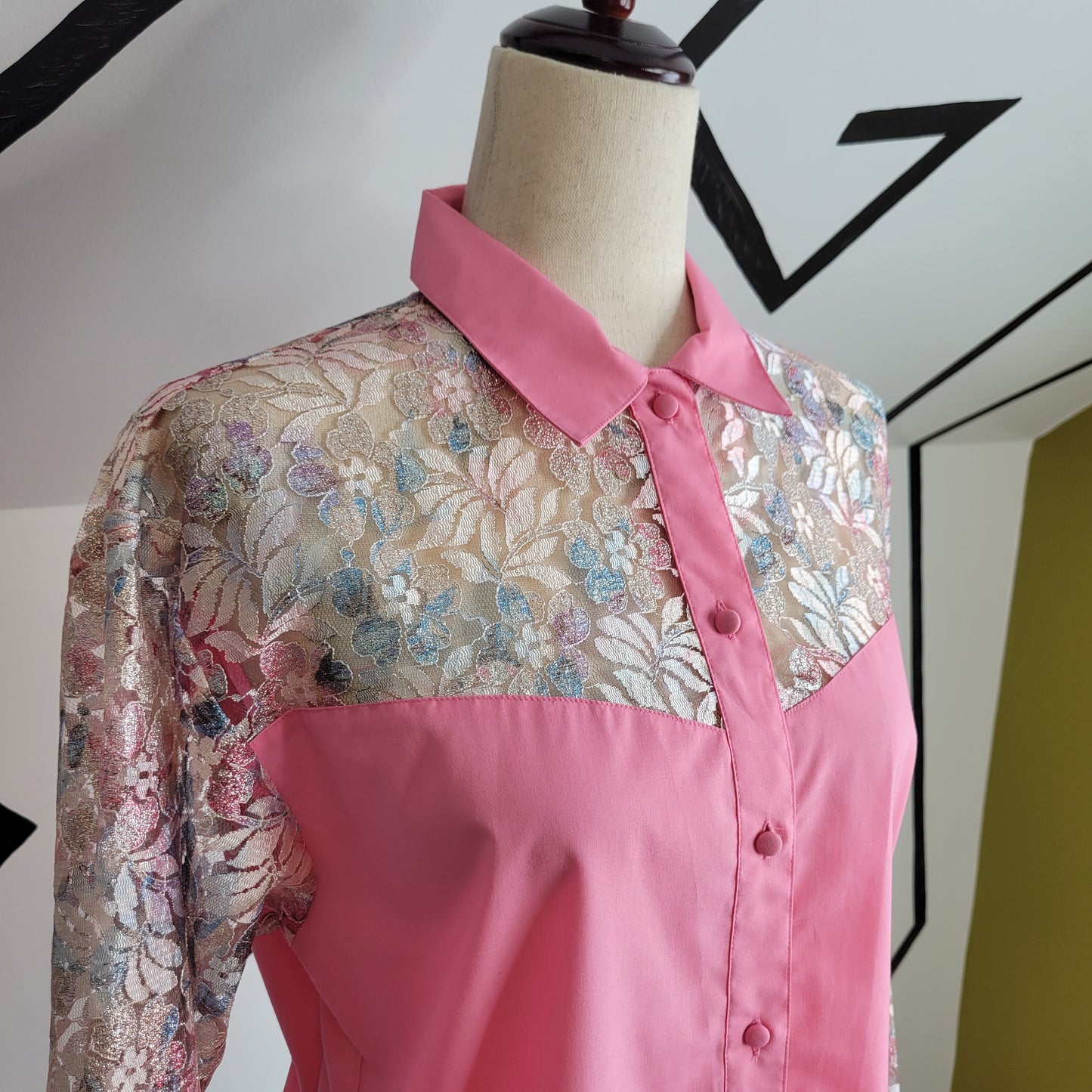 Wrangler Vintage 80s Shear Lace Yoke and Sleeves Western Top - large