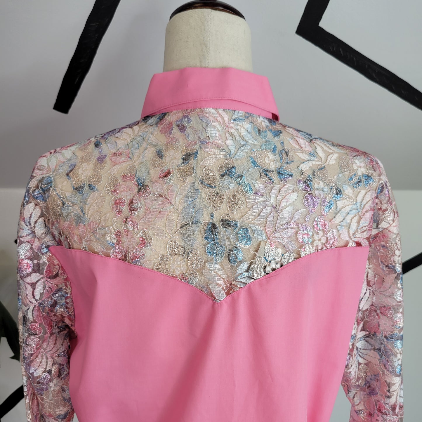 Wrangler Vintage 80s Shear Lace Yoke and Sleeves Western Top - large