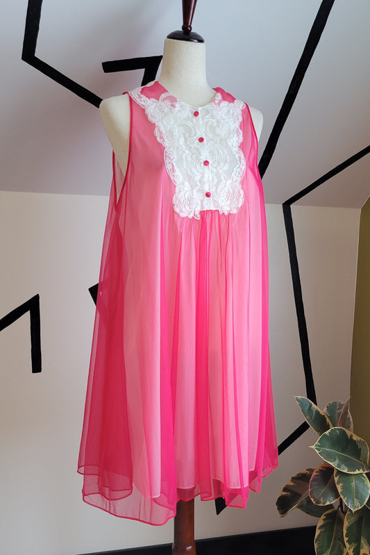 Kayser Vintage 60s Fuchsia Pink and Lace Babydoll Peignoir - Large