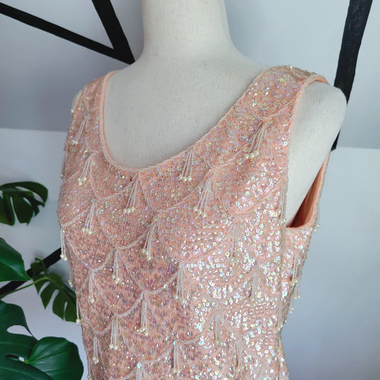Pale Pink Vintage 60s Fully Beaded Tank Top - small