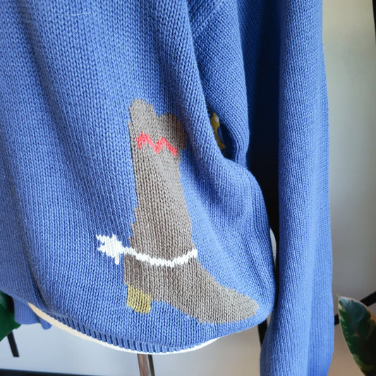 Daniel Hechter Vintage Western Cowboy Motifs Hand Knit Sweater - large