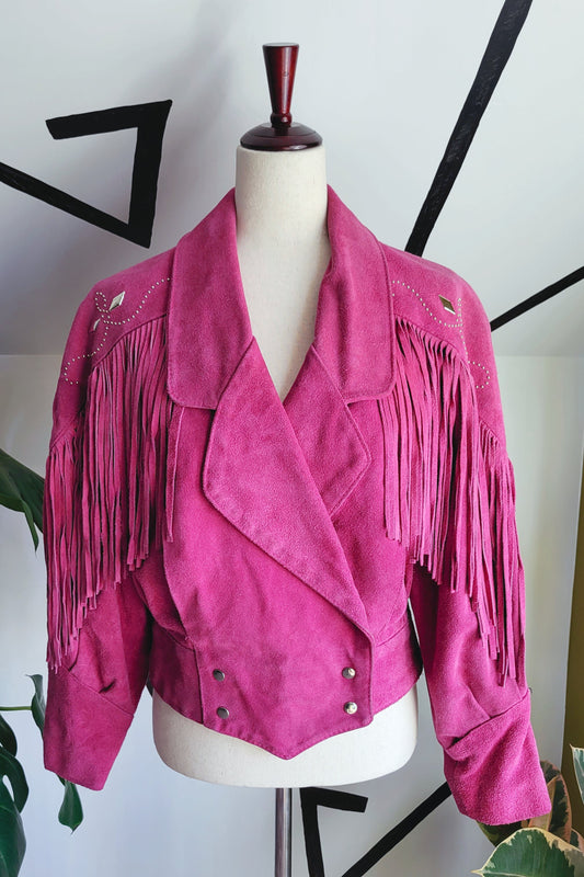 Vintage 80s Phoenix Pink Genuine Suede Leather Fringe Western Jacket - Medium