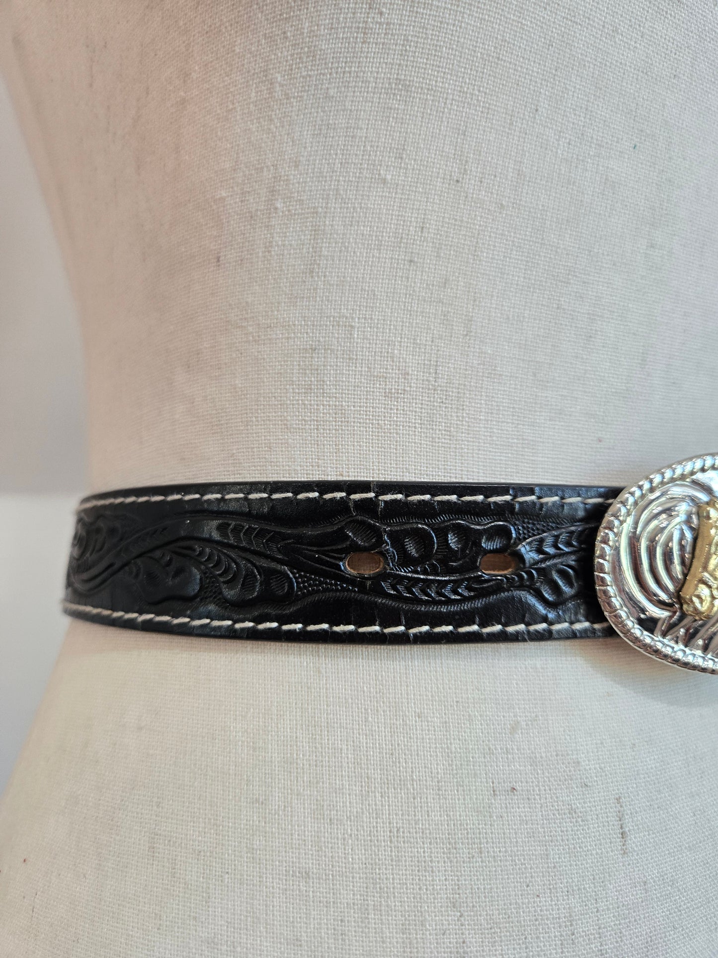Tooled Leather Western Belt with Two Tone Horse Buckle - W29-33"