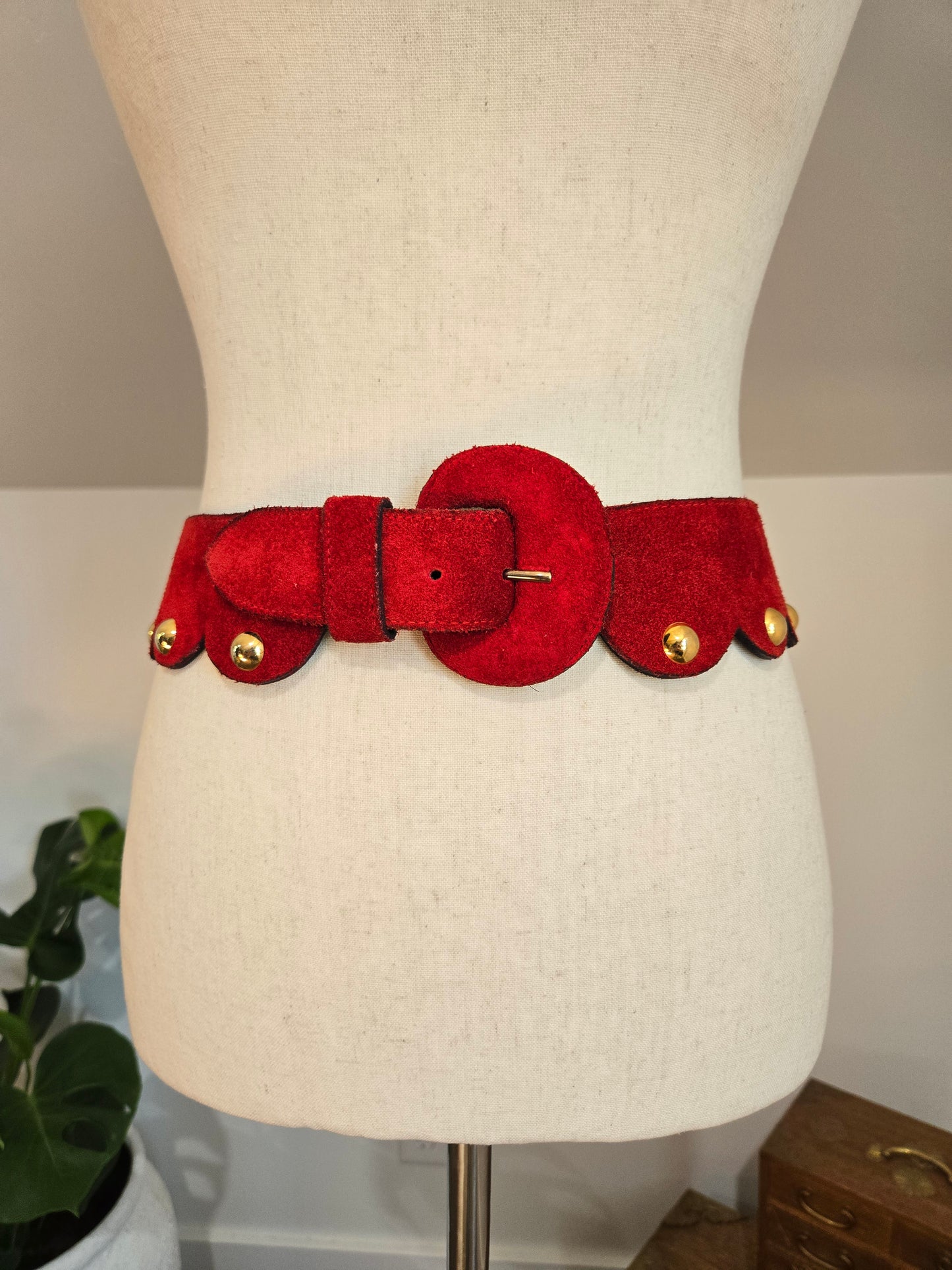 Vintage Genuine Red Suede Leather Belt with Gold Studs - W30-32"
