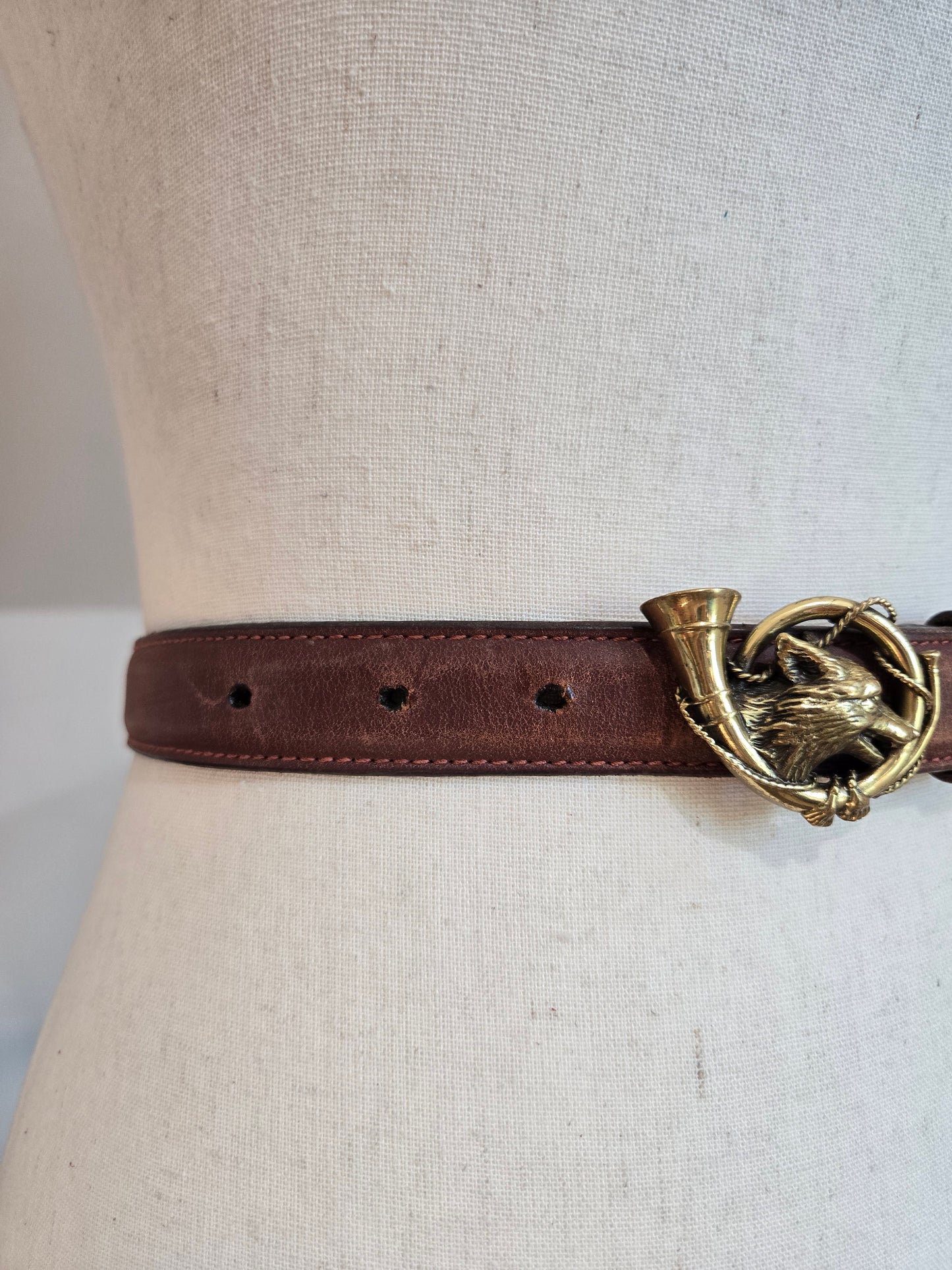 Vintage Polo Ralph Lauren Leather Belt with Fox and Horn Brass Buckle - W26-30"