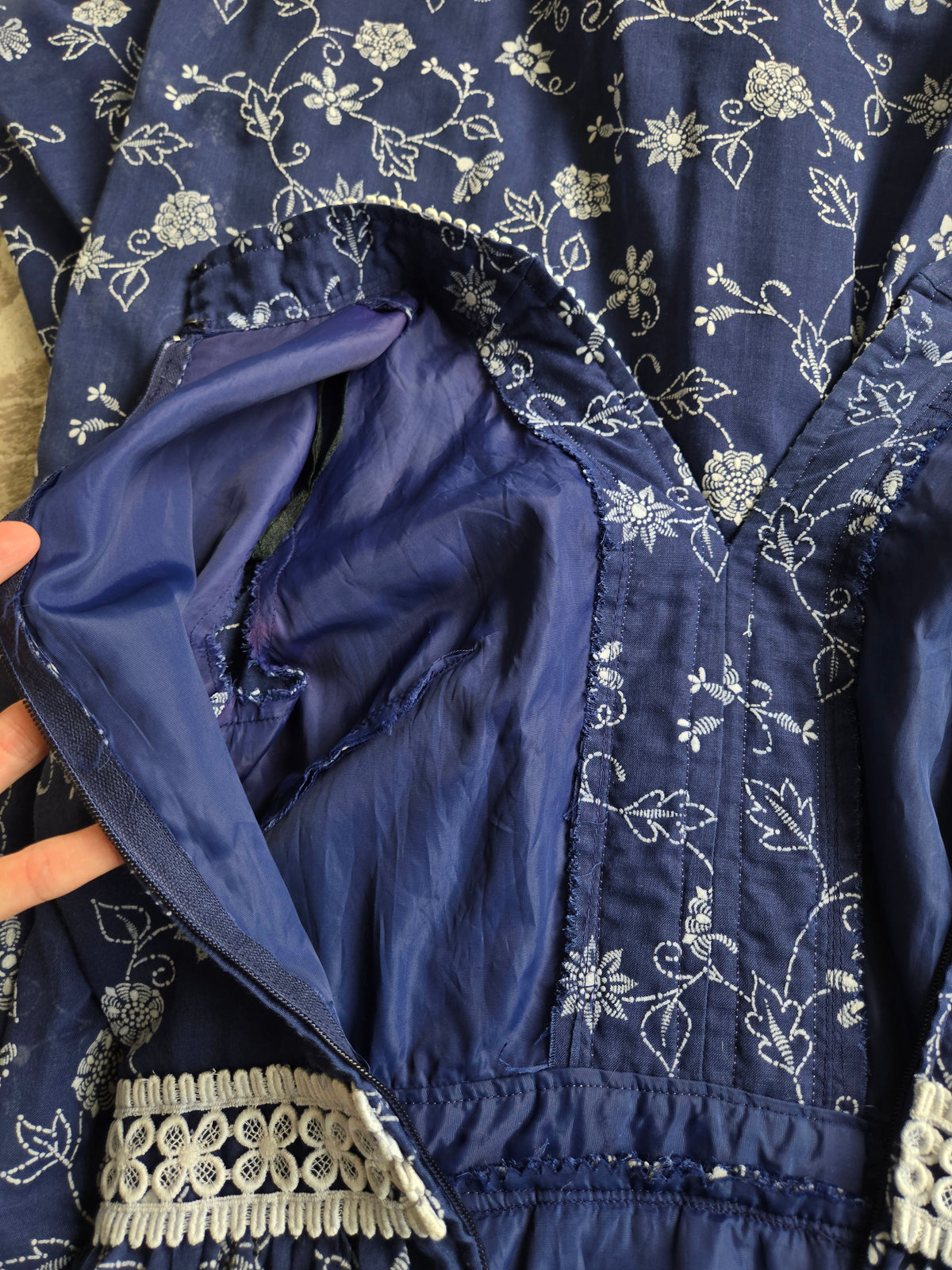 Vintage 70s Navy Blue Floral Embroirdered Maxi Dress - S/M