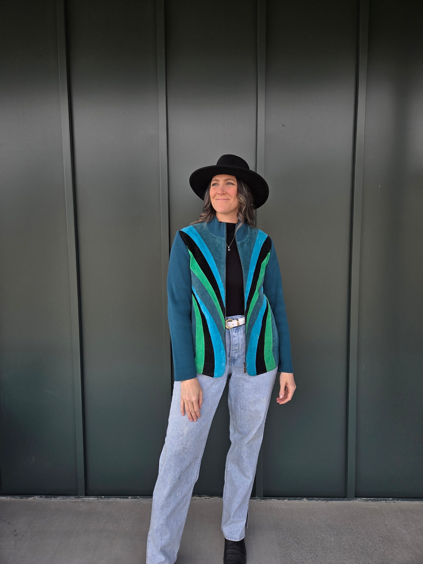 Bob Mackie Vintage Retro Patchwork Blue Leather Jacket - large