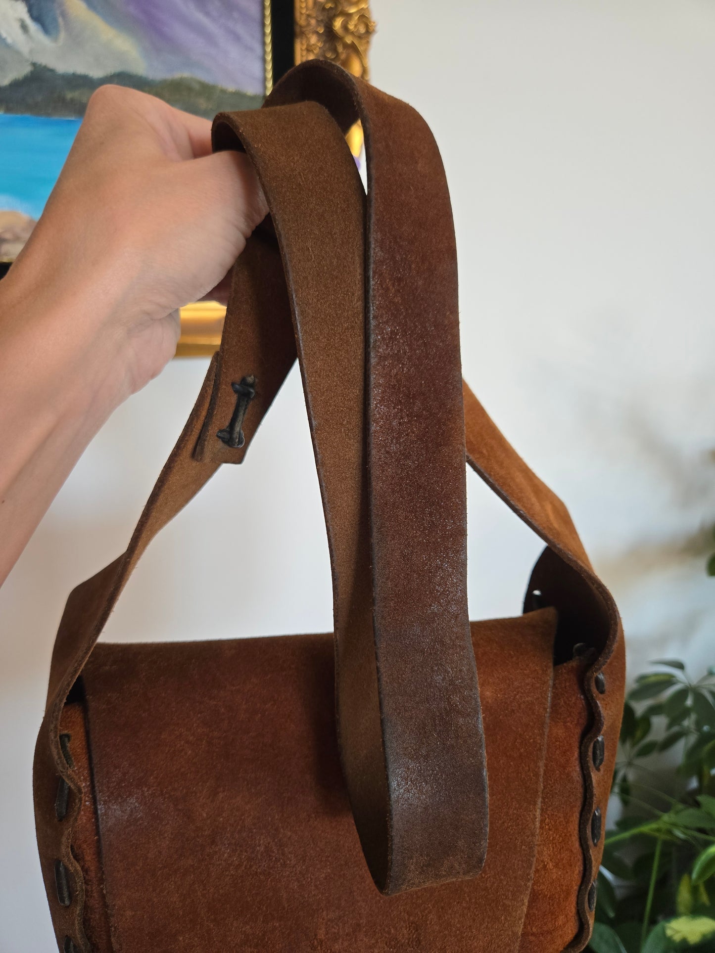 Vintage Hand Made Thick Suede Saddle Leather Bag