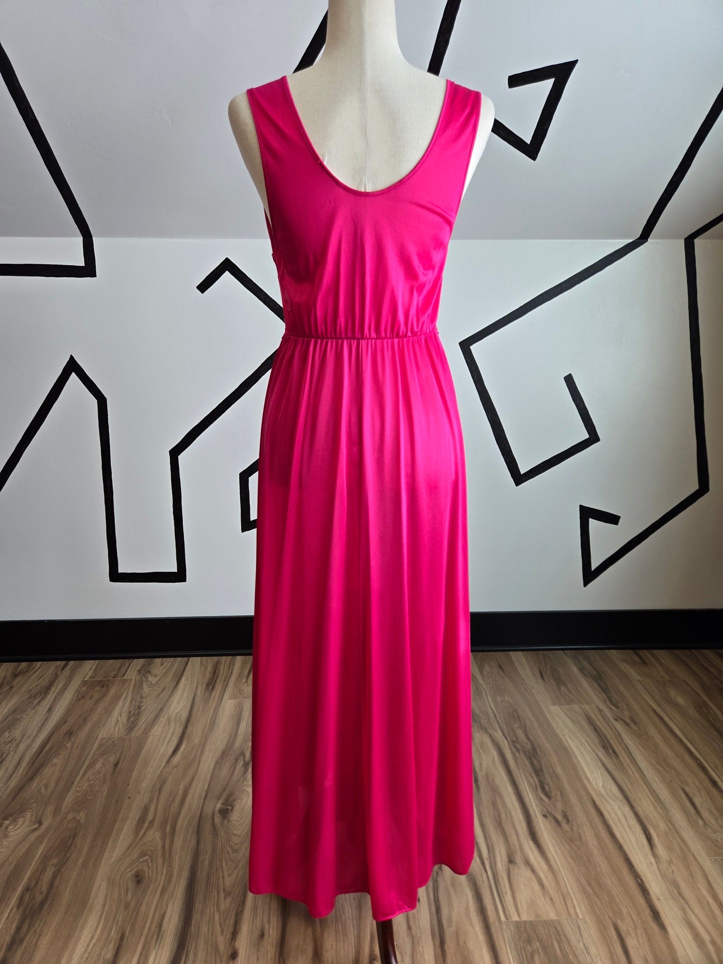 Vintage Fuchsia Pink Peignoir Maxi Dress with Lace Middle - small