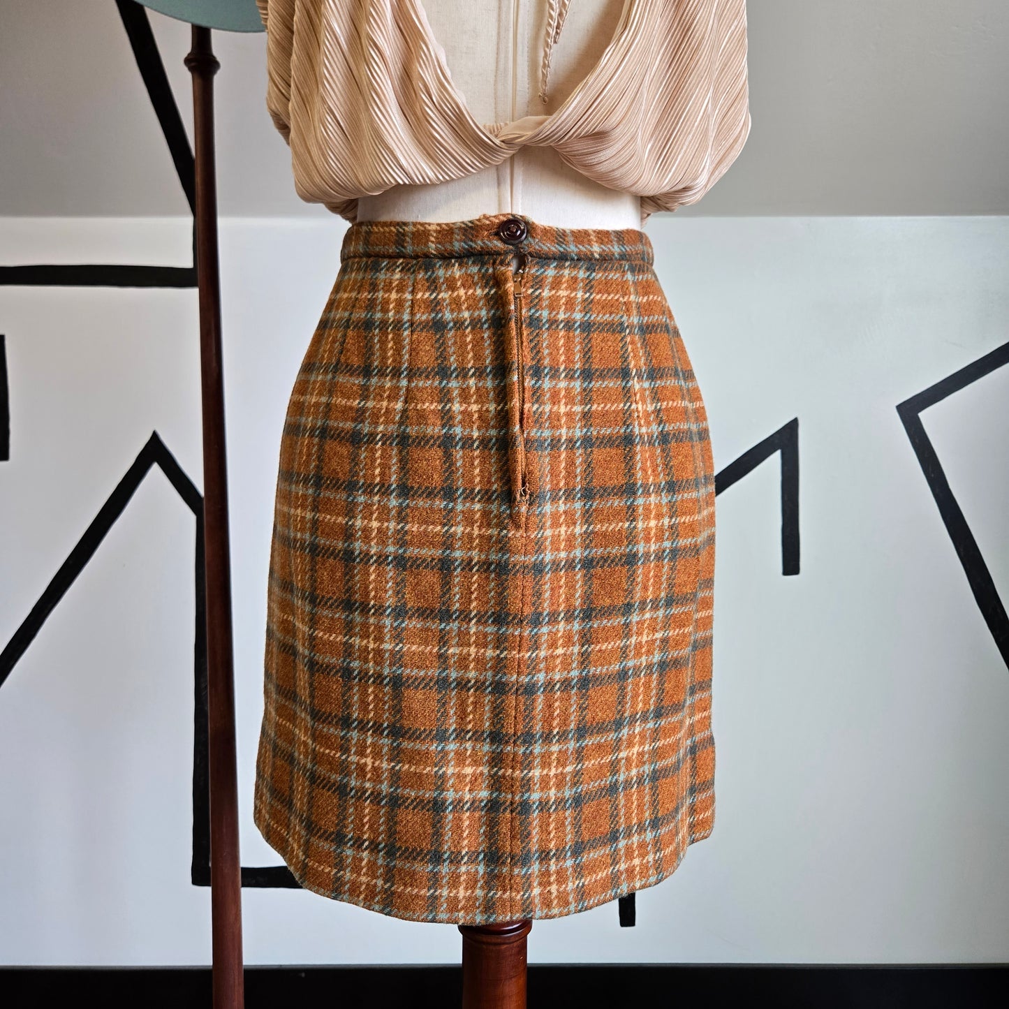 Vintage 1950s Handmade Burnt Orange and Teal Wool Mini Skirt - 27" waist