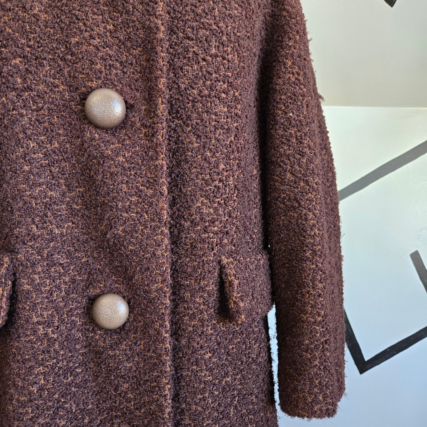 Vintage 1950s Union Made Curly Wool Peacoat with Brown Fur Collar - Large