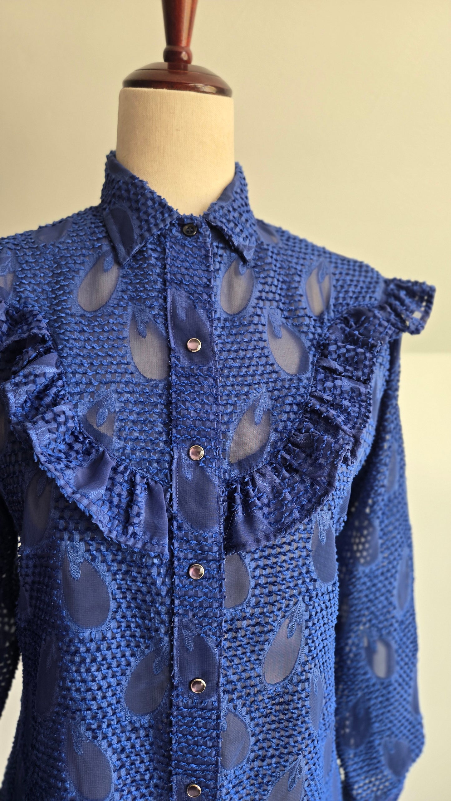 Miss Rodeo America Vintage Blue Shear Blouse with Ruffle - Small
