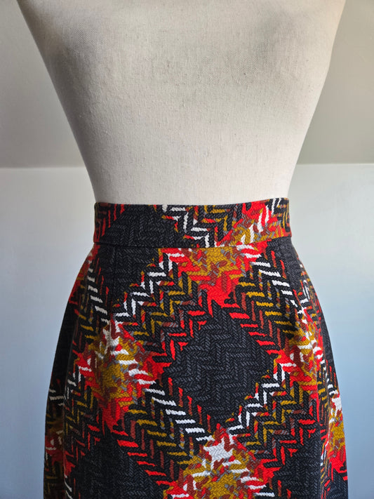 Vintage 60s Hand Made Barkcloth Bias Cut Plaid A Line Skirt - W25