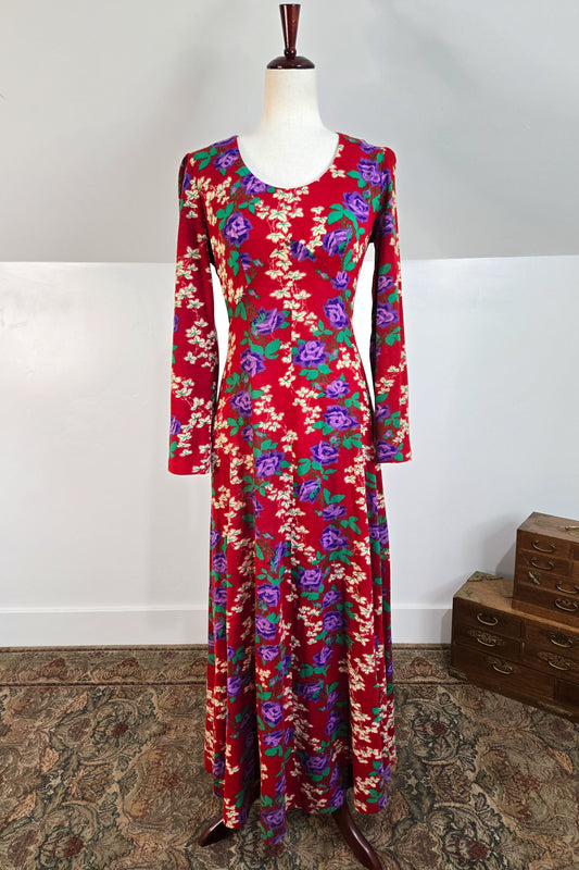 Vintage 70s Red Floral Psychedelic Print Maxi Dress - Small