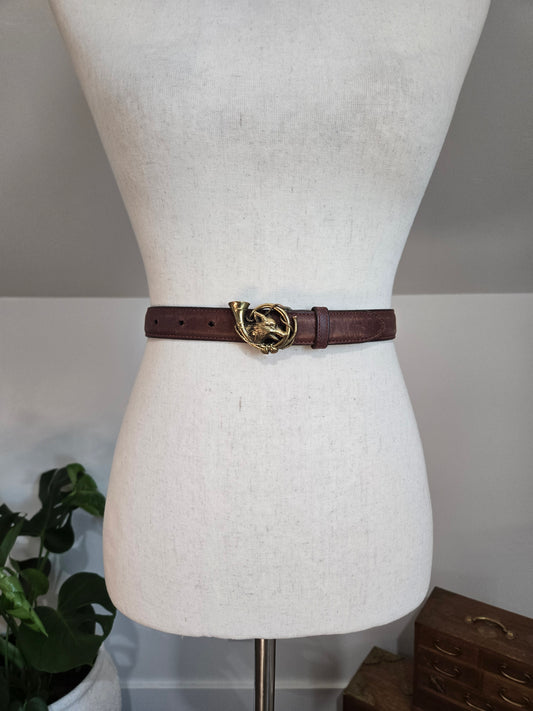 Vintage Polo Ralph Lauren Leather Belt with Fox and Horn Brass Buckle - W26-30"