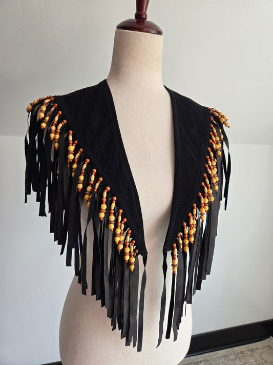 Vintage Braefair Leather Fringe and Wood Bead Shoulder Shawl - OS