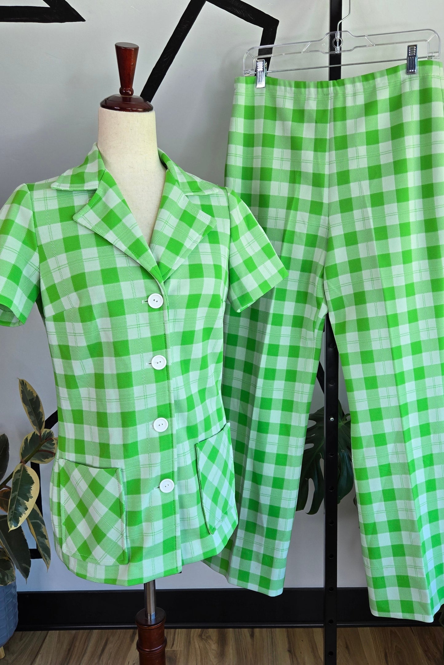 Green and White Plaid 1960s Two Piece Pant Set