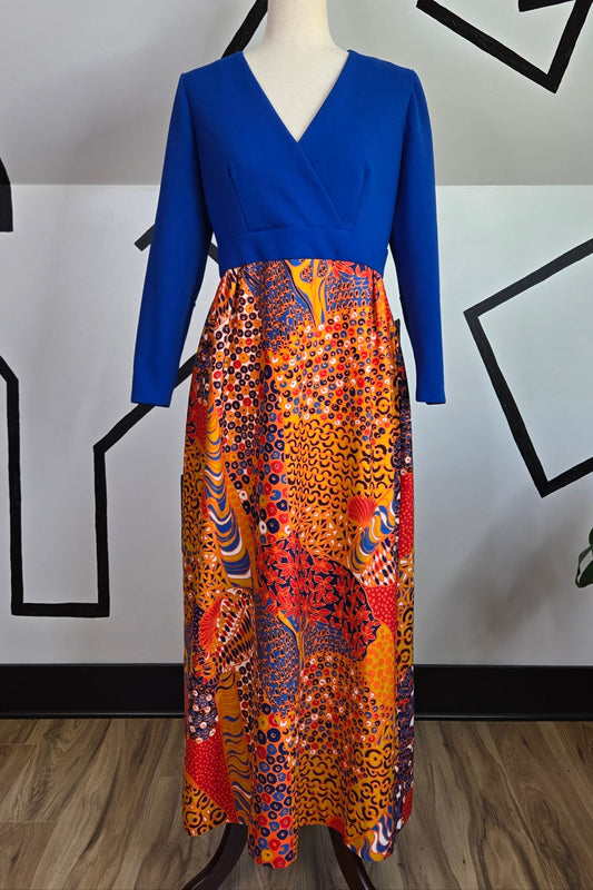 Vintage 1970s Blue Structured Top Maxi Dress with an Orange Dayglo Print Skirt