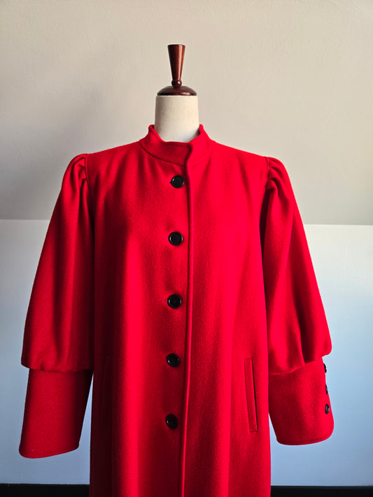 Lady Suzette Vintage 80s Edwardian Revival Bright Red Wool Over Coat - L/XL