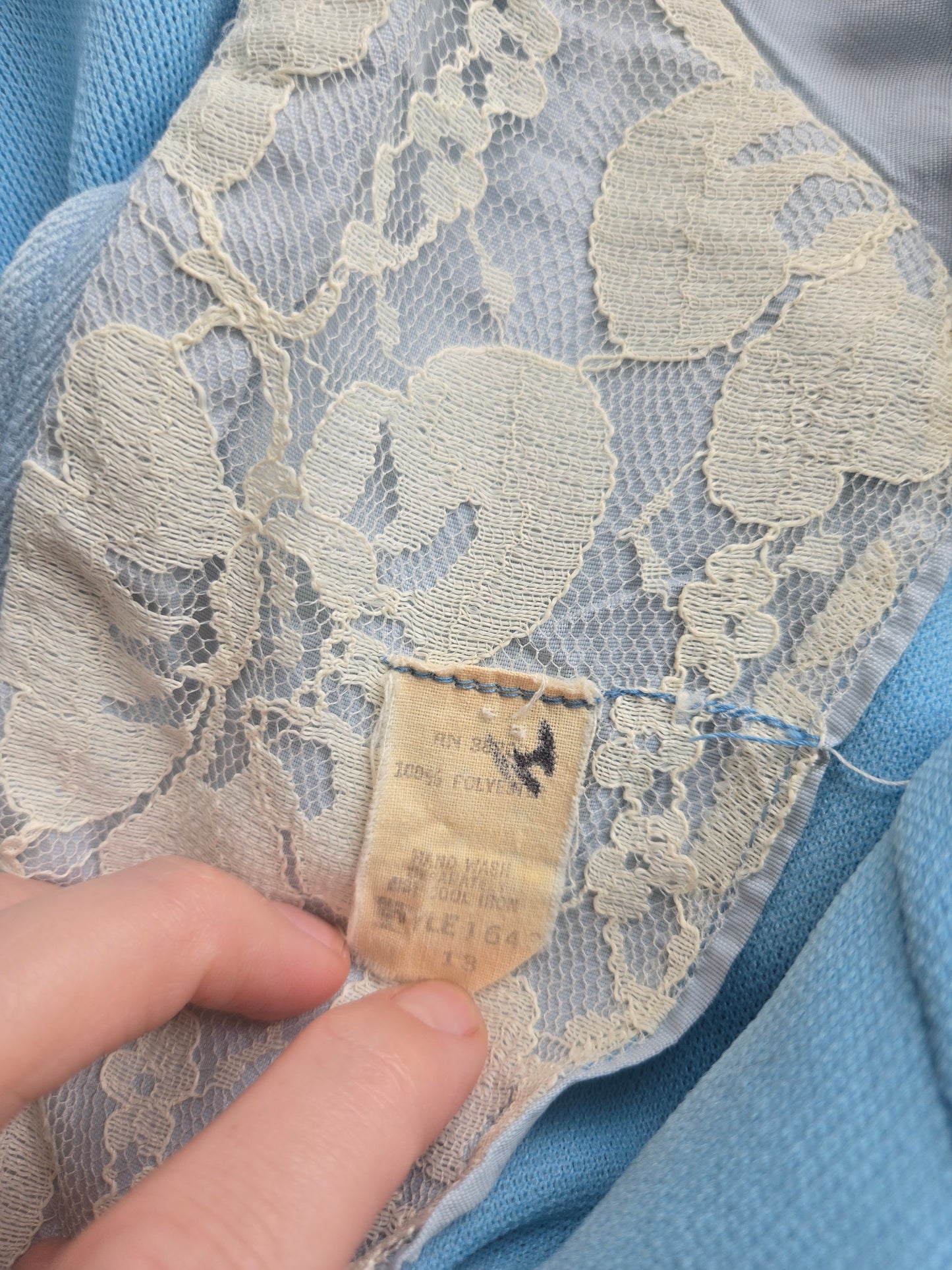 Vintage 1970s Sky Blue Prairie Dress with Floral Lace Details and Corset Top - Small