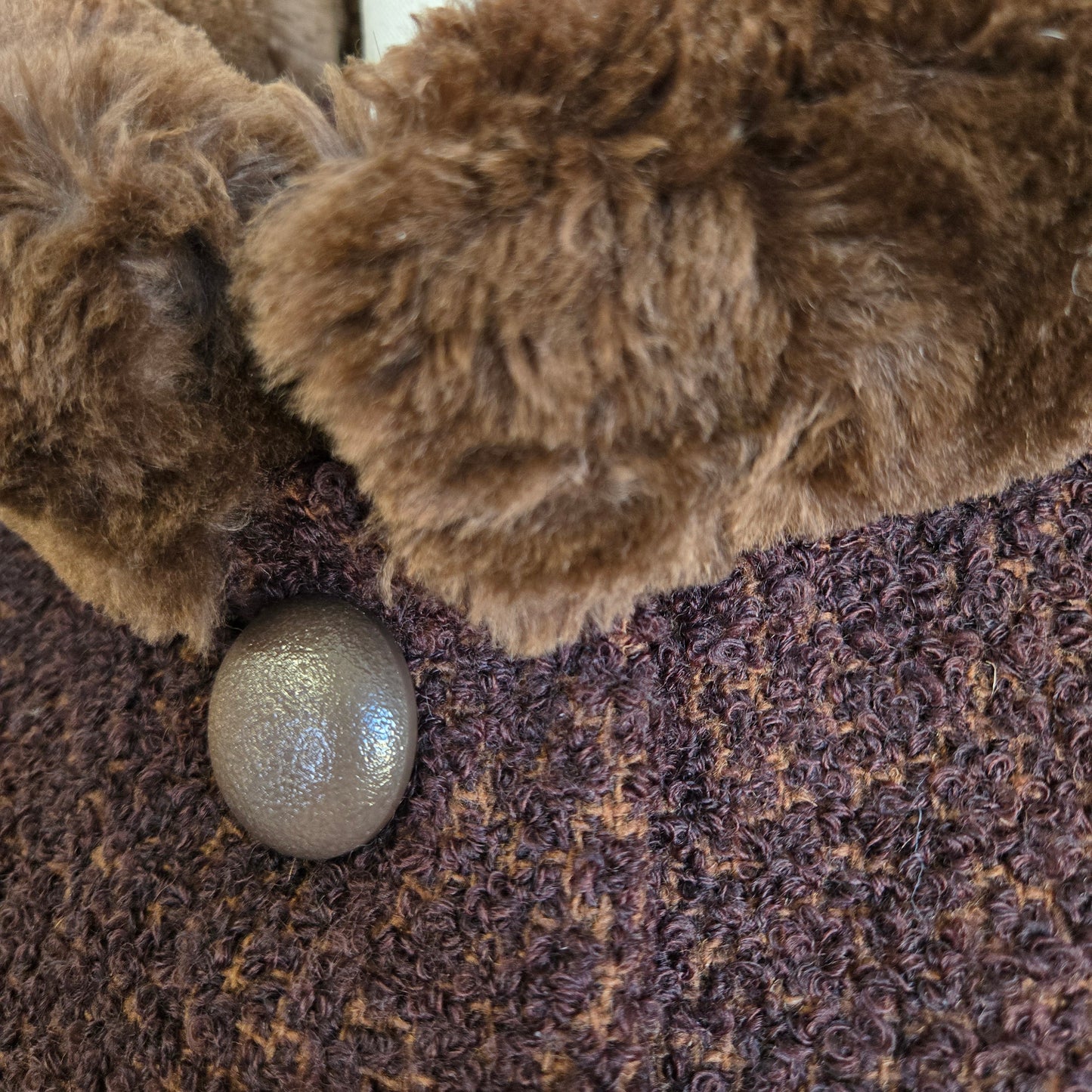 Vintage 1950s Union Made Curly Wool Peacoat with Brown Fur Collar - Large