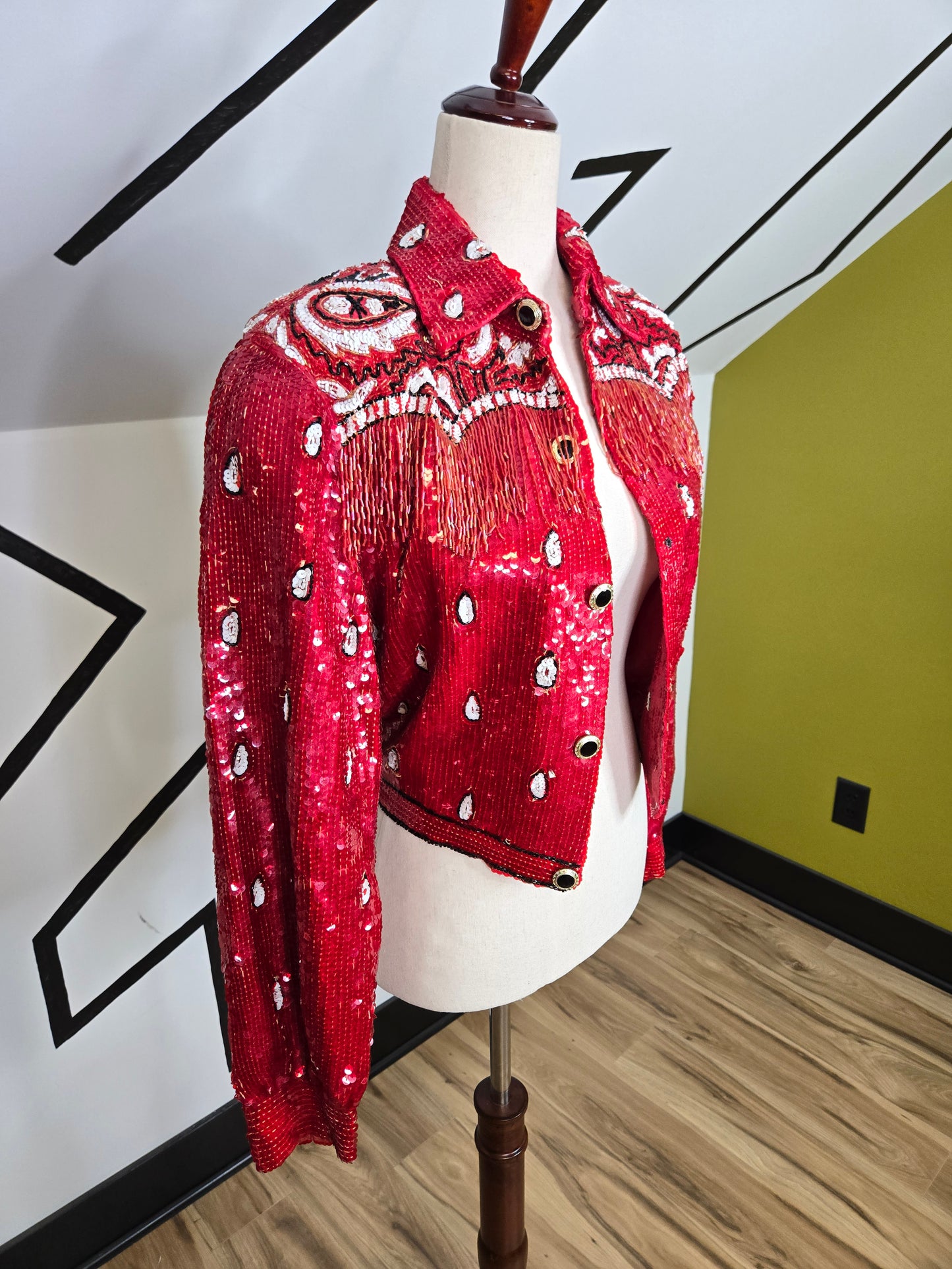 Lillie Rubin Vintage Sequin Western Crop Silk Jacket with Beaded Fringe - small