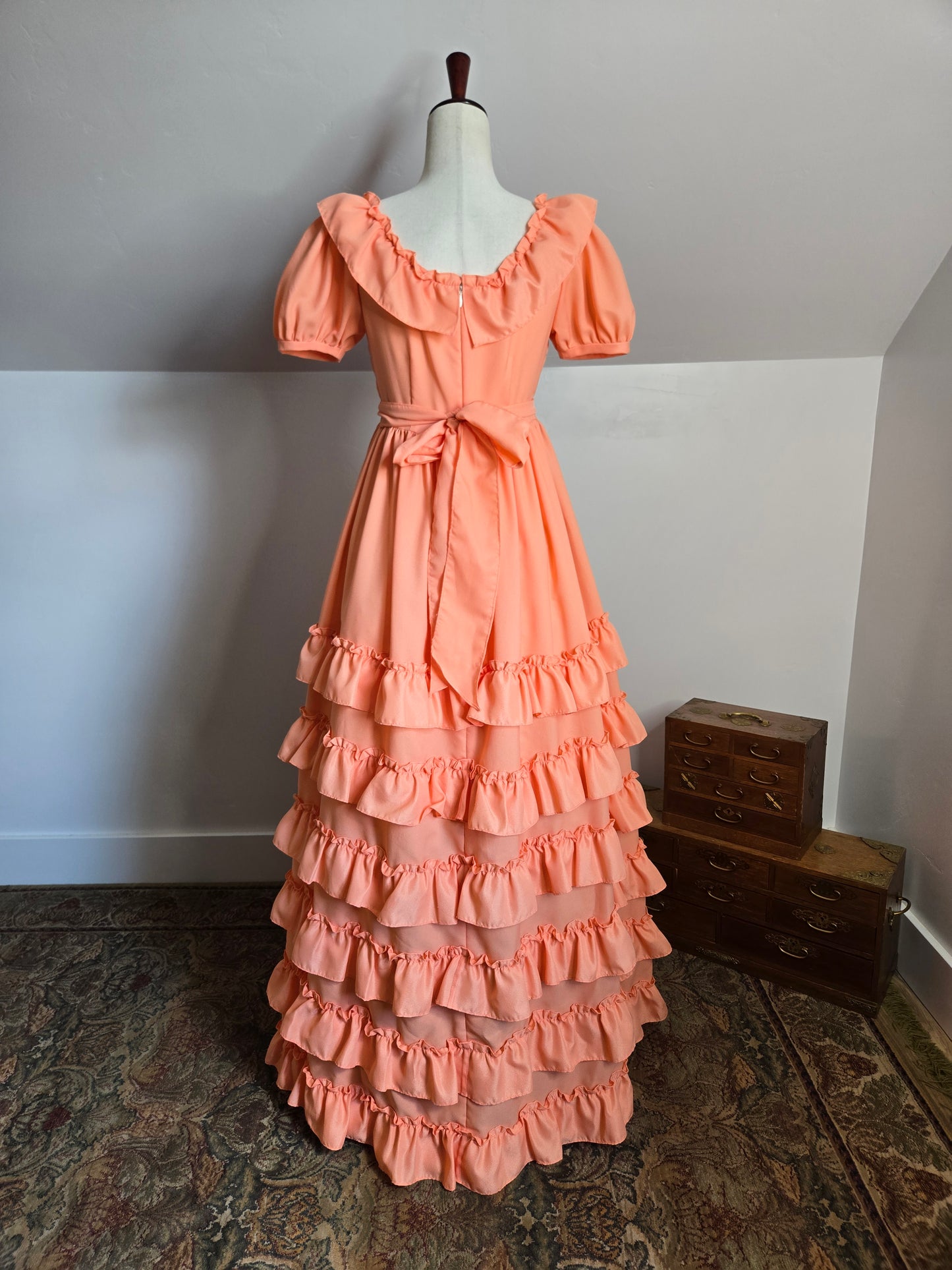 Vintage Peach Prairie Ruffled Dress - S/M