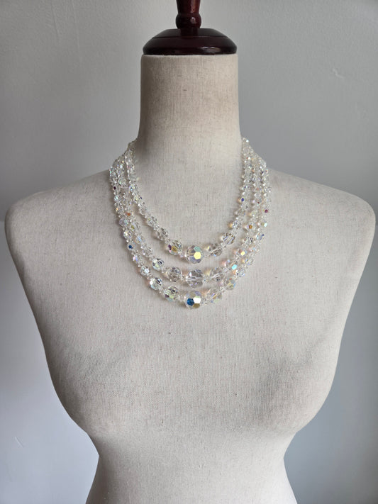 Vintage Three Strand AB Glass Crystal Necklace