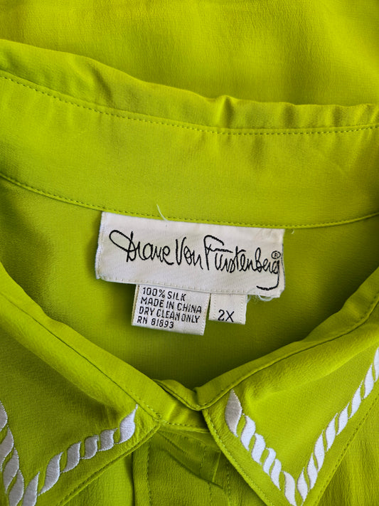 Diane Von Furstenberg Silk Lime Green Rope Top - 2XL