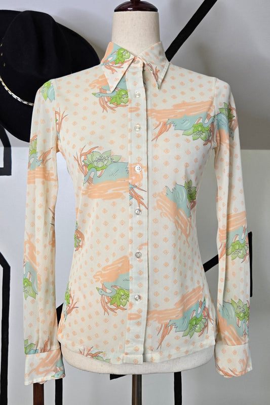 Rare Vintage 60s Swan Motif Nylon Button Down Top - XS