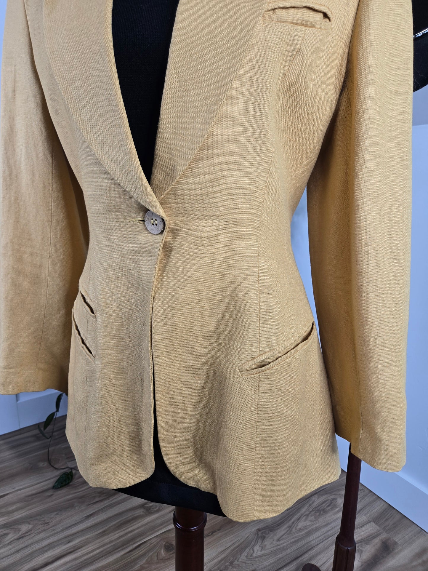 Moschery Vintage Mustard Yellow Linen Peplum Back Blazer - medium