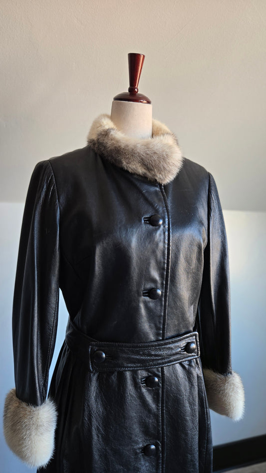 Vintage Black Leather Trench Coat with White Mink Fur - Small