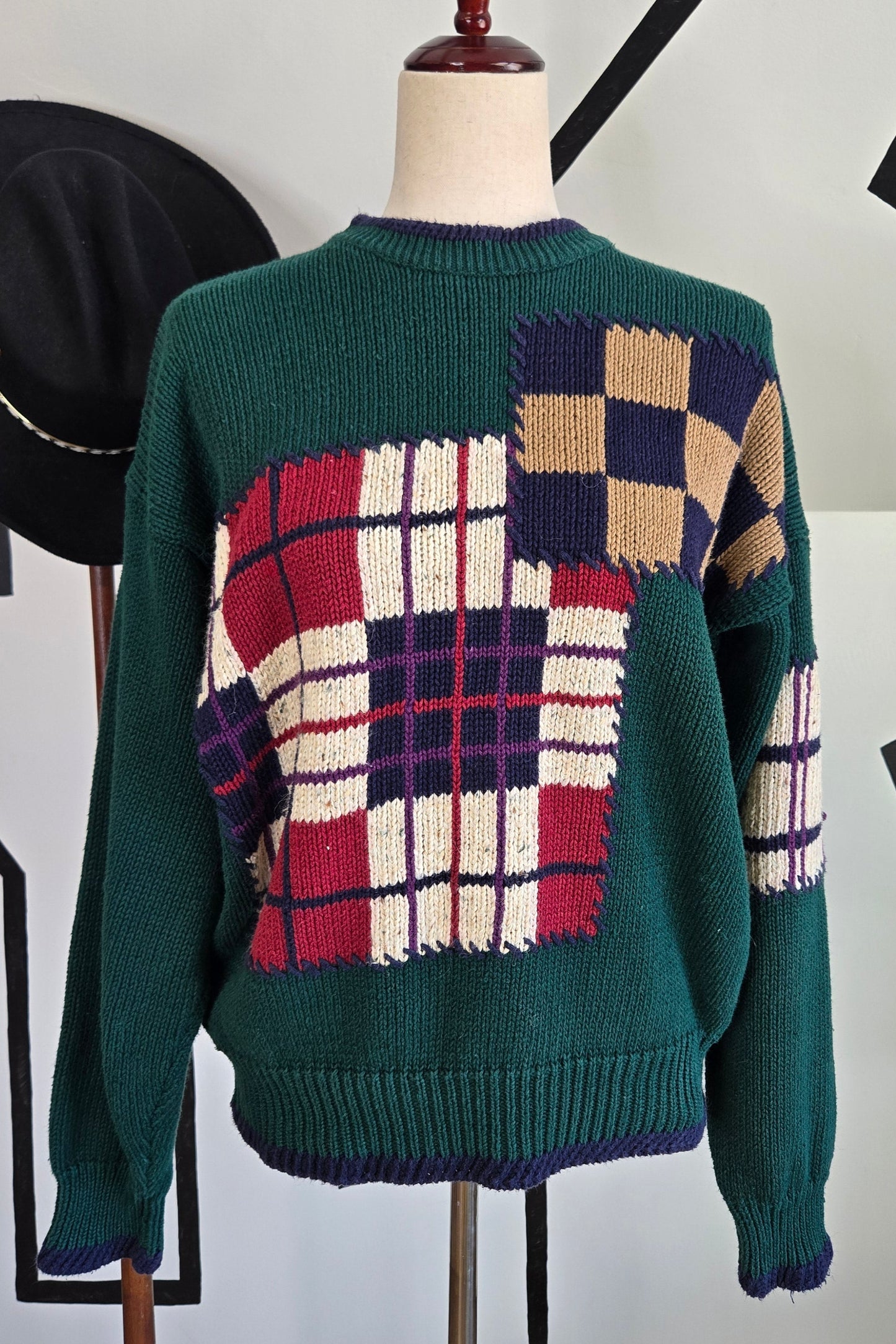English Sports Shop Bermuda Vintage Plaid Patchwork Sweater - large
