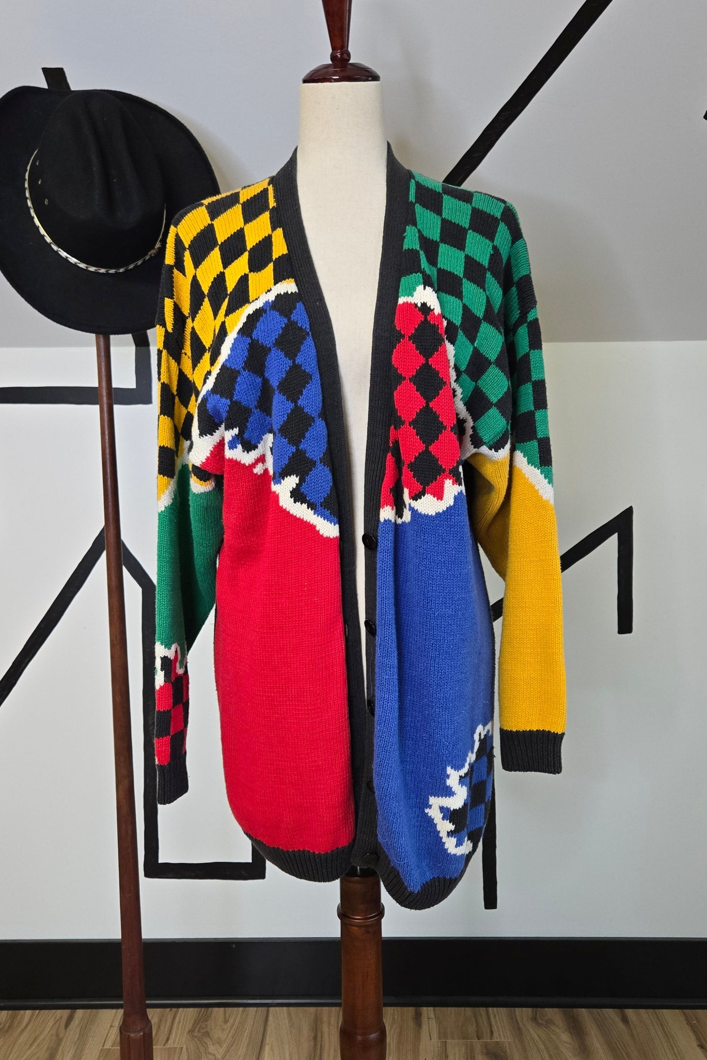 Vintage 80s Limited Edition Cotton/Ramie Primary Colored Checkered Cardigan - XL