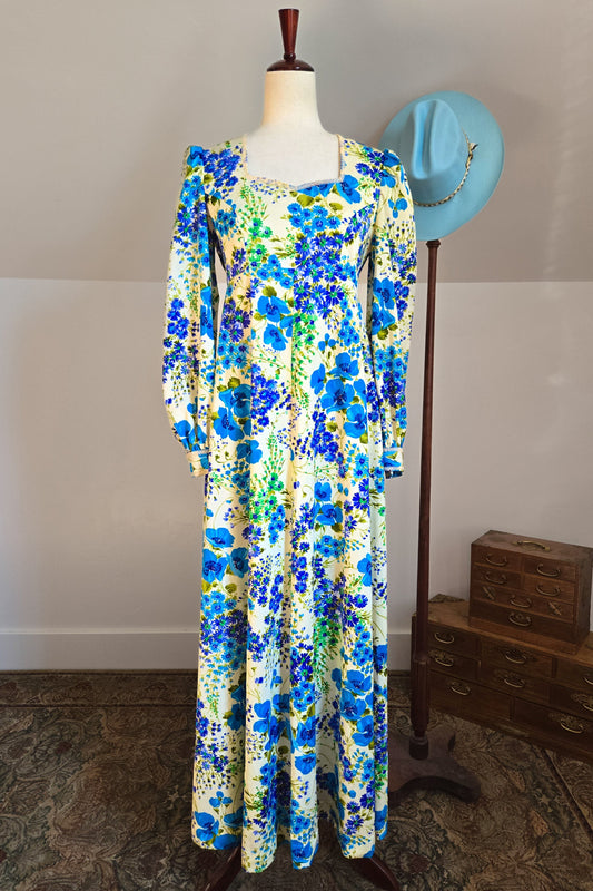 Vintage 70s Flower Power Nylon Maxi Dress - medium