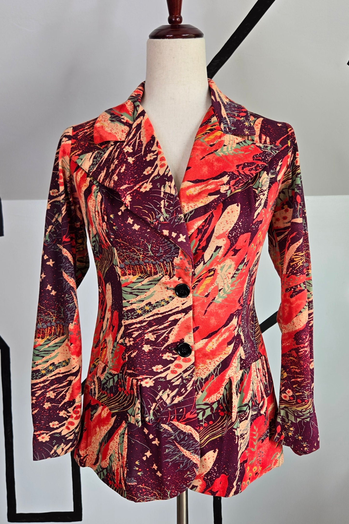 Vintage 1970s Funky Printed Dagger Collar Blazer - XS/Small