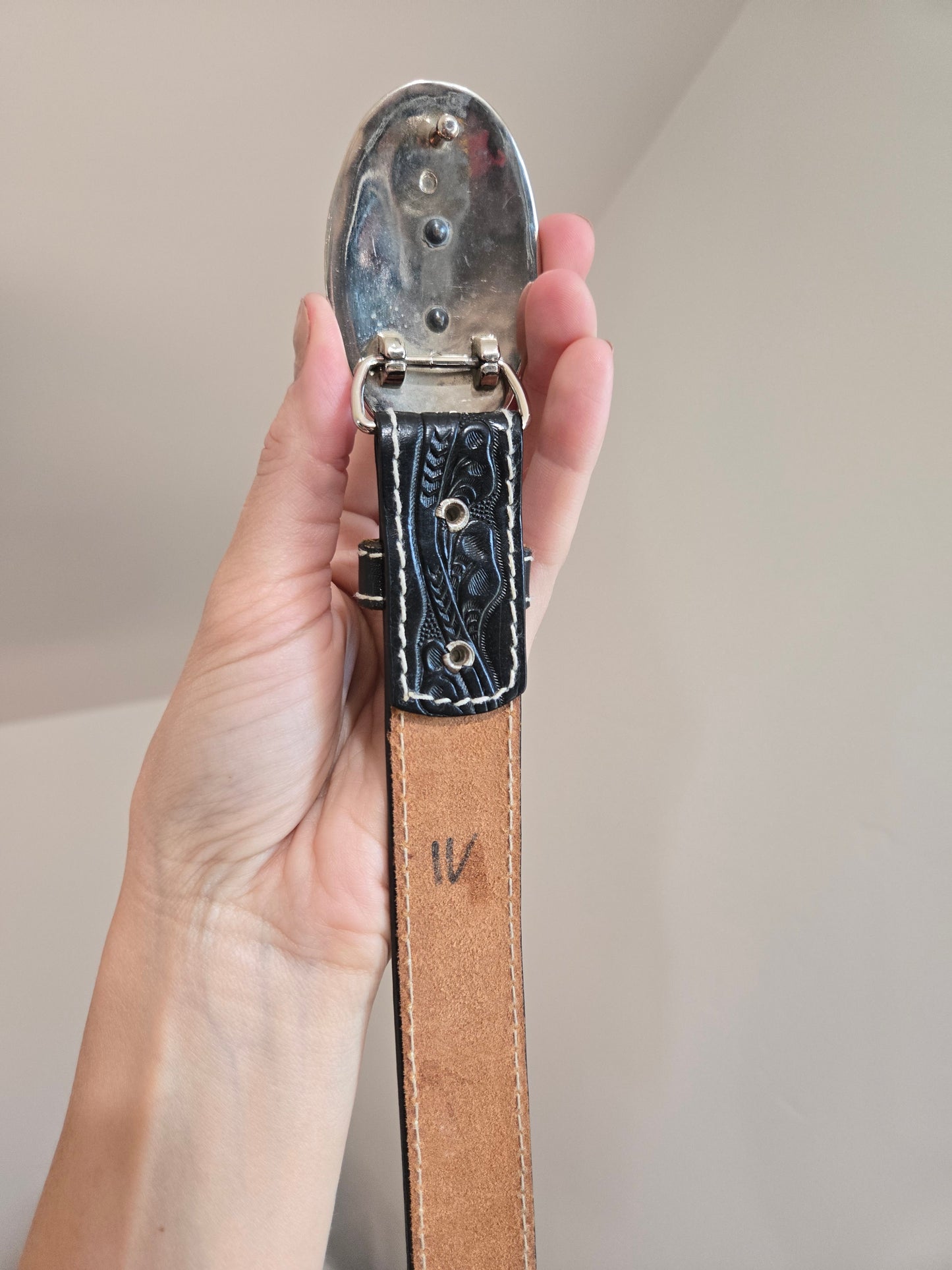 Tooled Leather Western Belt with Two Tone Horse Buckle - W29-33"