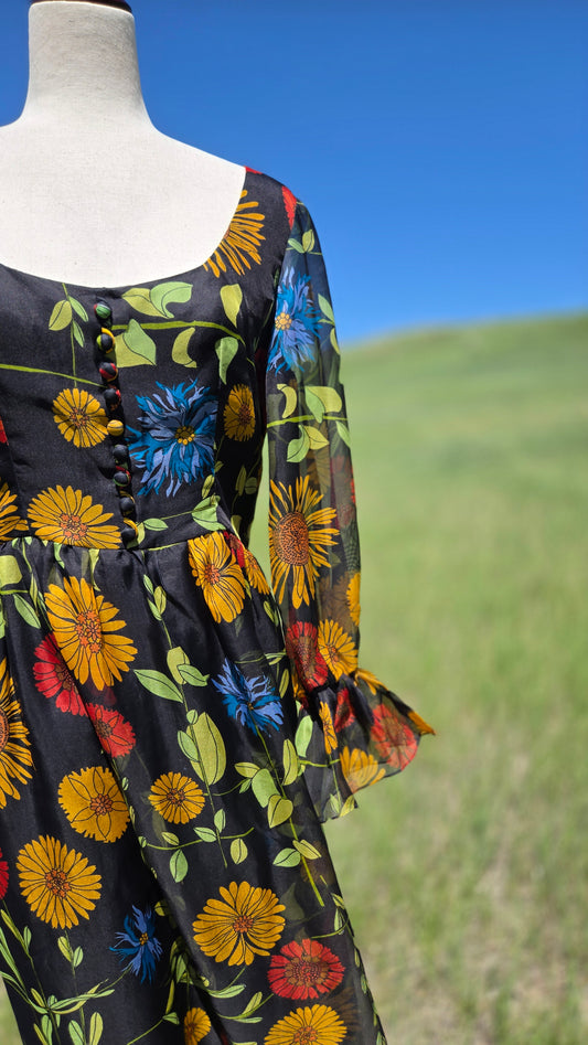 Vintage Union Made 70s Black Flower Extravaganza Dress - medium