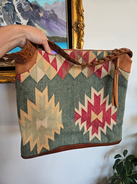 Western Wool Tapestry and Leather Shopper Bag