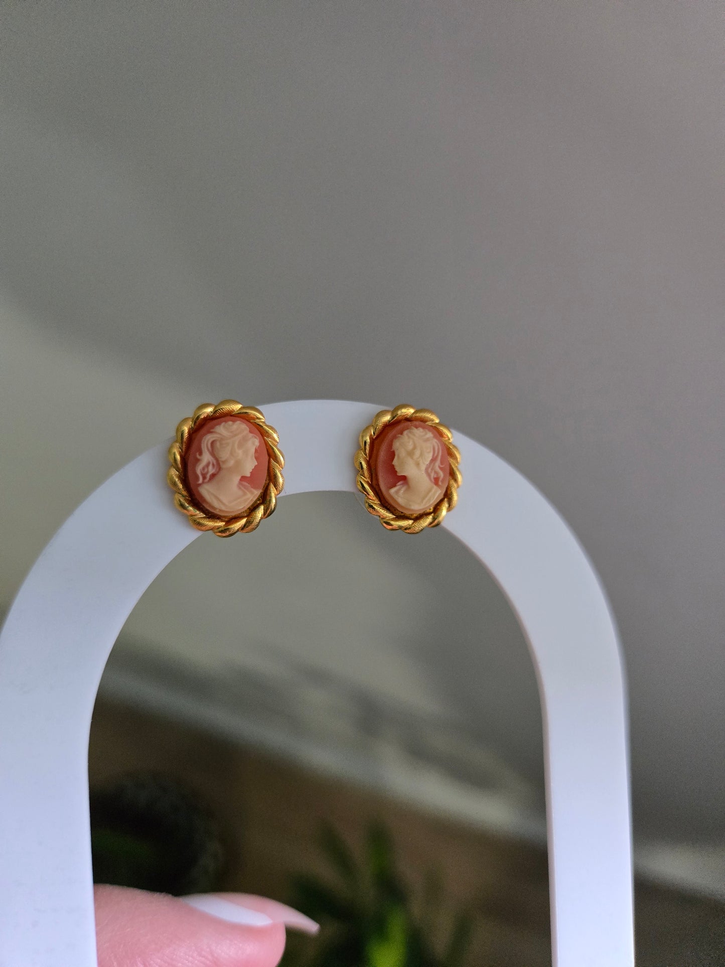 Vintage Cameo Dust Red and Ivory Earrings - Post Back
