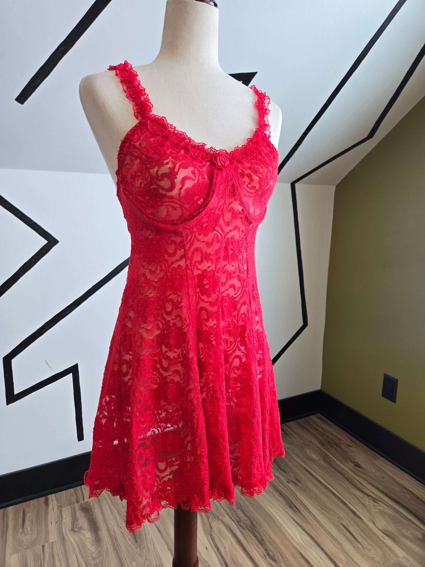 Inner Most Vintage Red Lace Shear Dress with Boning in Bust - medium
