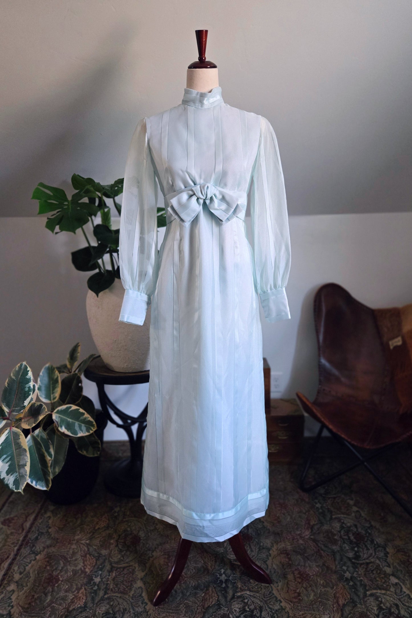 1960s Light Blue Maxi Dress with Bow - small
