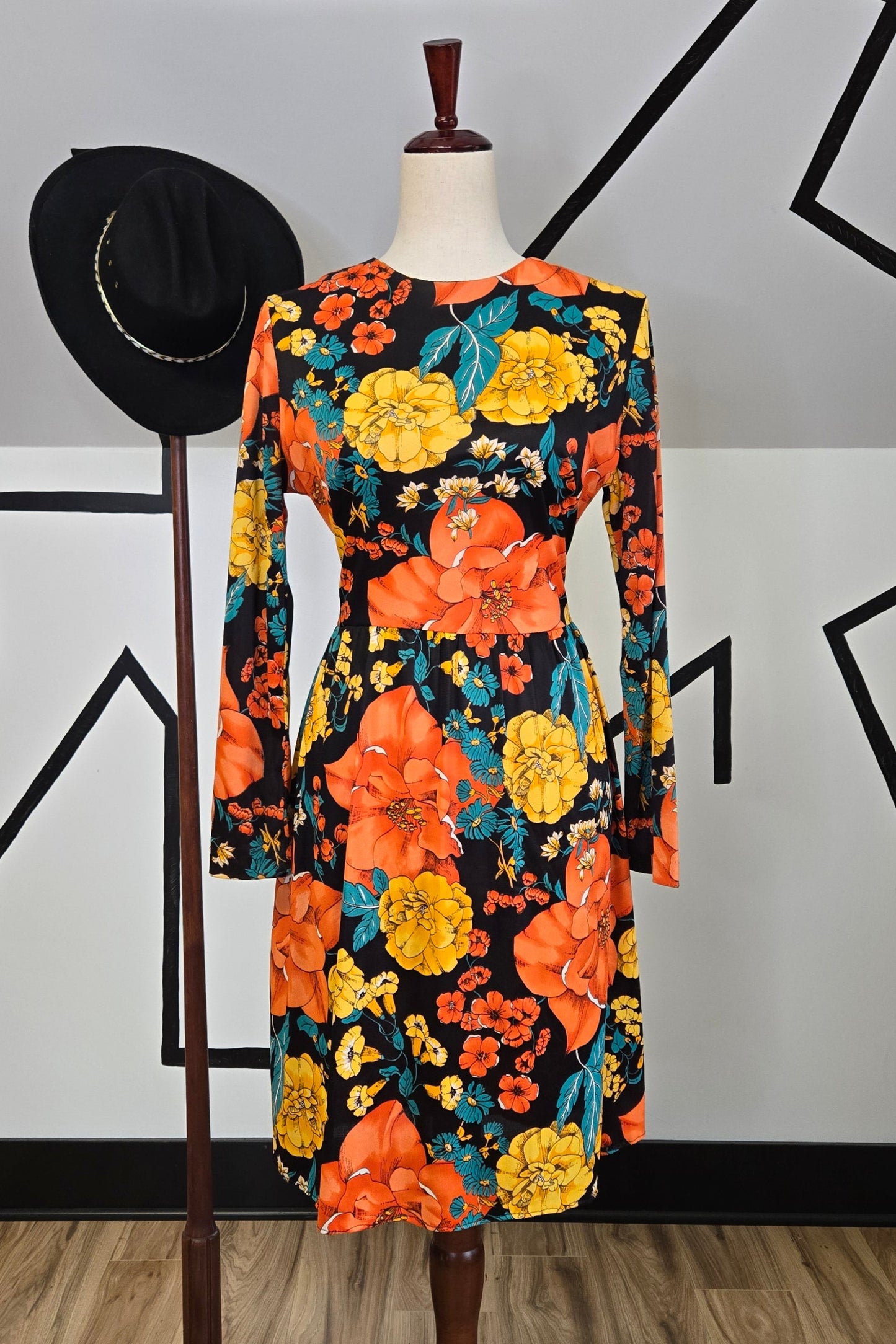 Fritzi of California Vintage 70s Black Based Bright Floral Dress with Waist Tie - medium