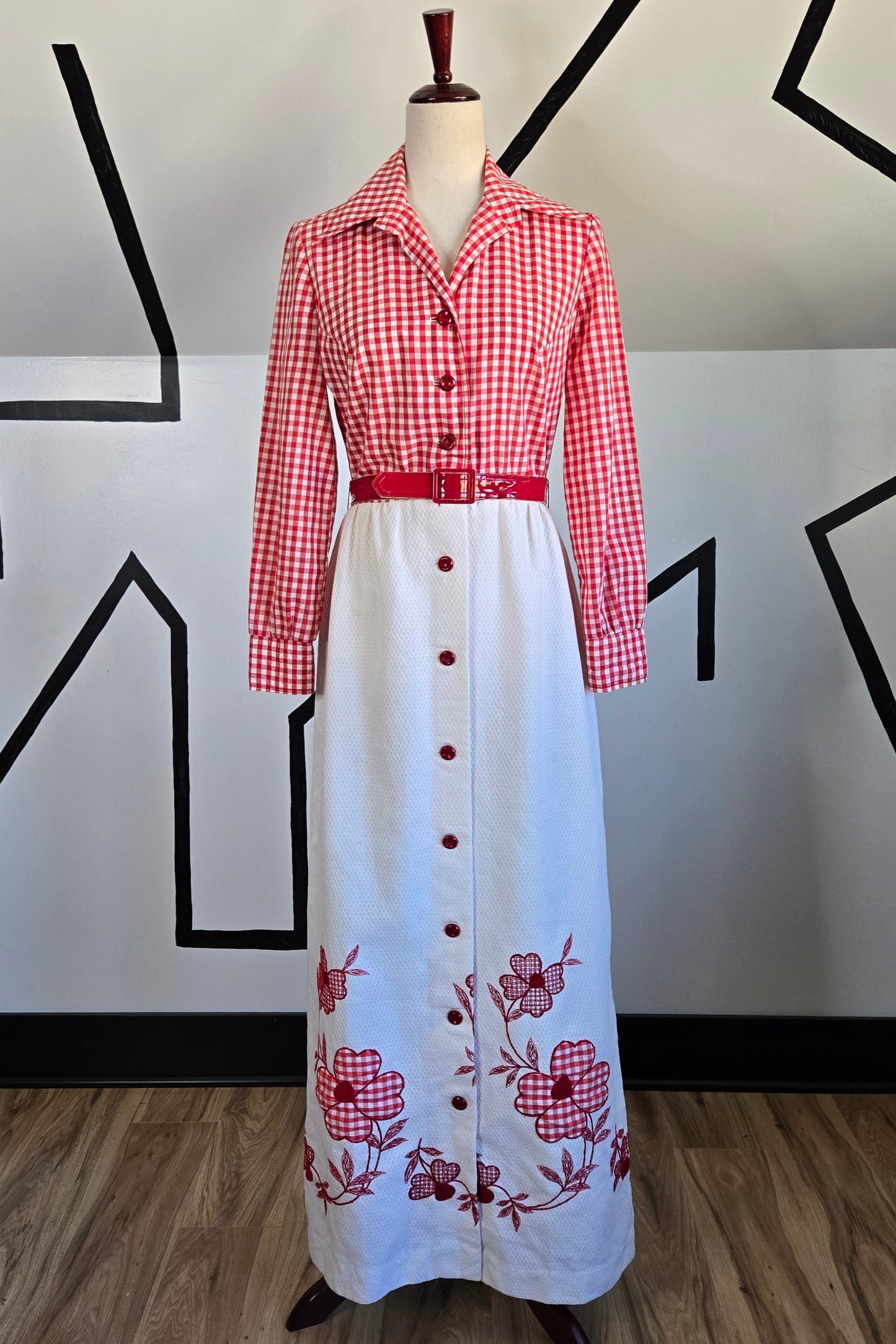 Rontini Vintage Plaid and Floral Applique Dress with Belt - Small