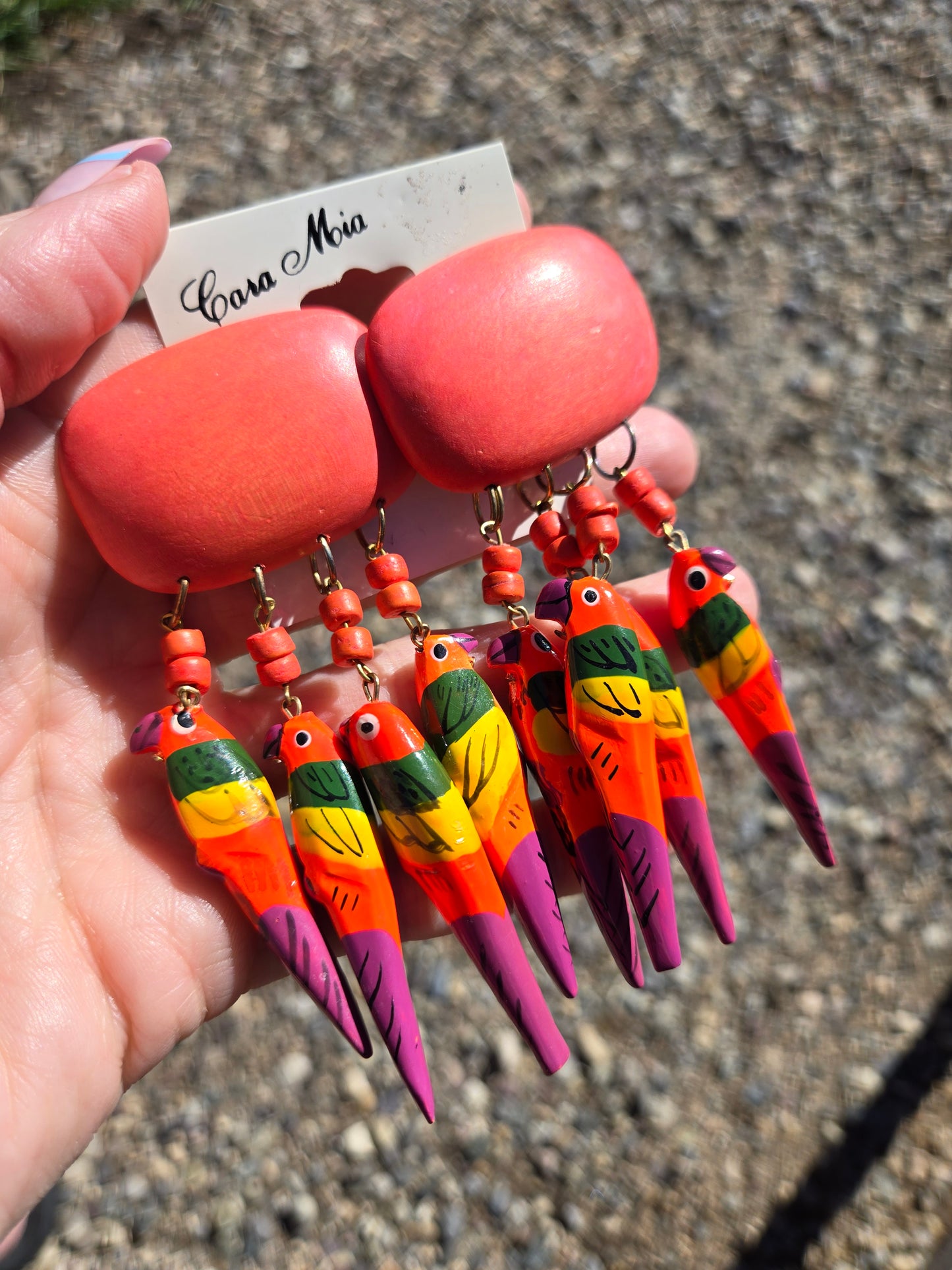 Deadstock Wood Dangling Neon Hand Painted Parrot Earrings