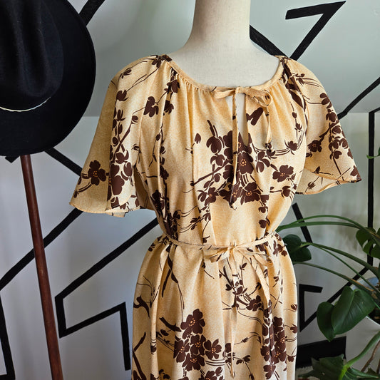 Hilo Hatties Vintage Brown Hawaiian Floral Maxi Dress with Belt - L