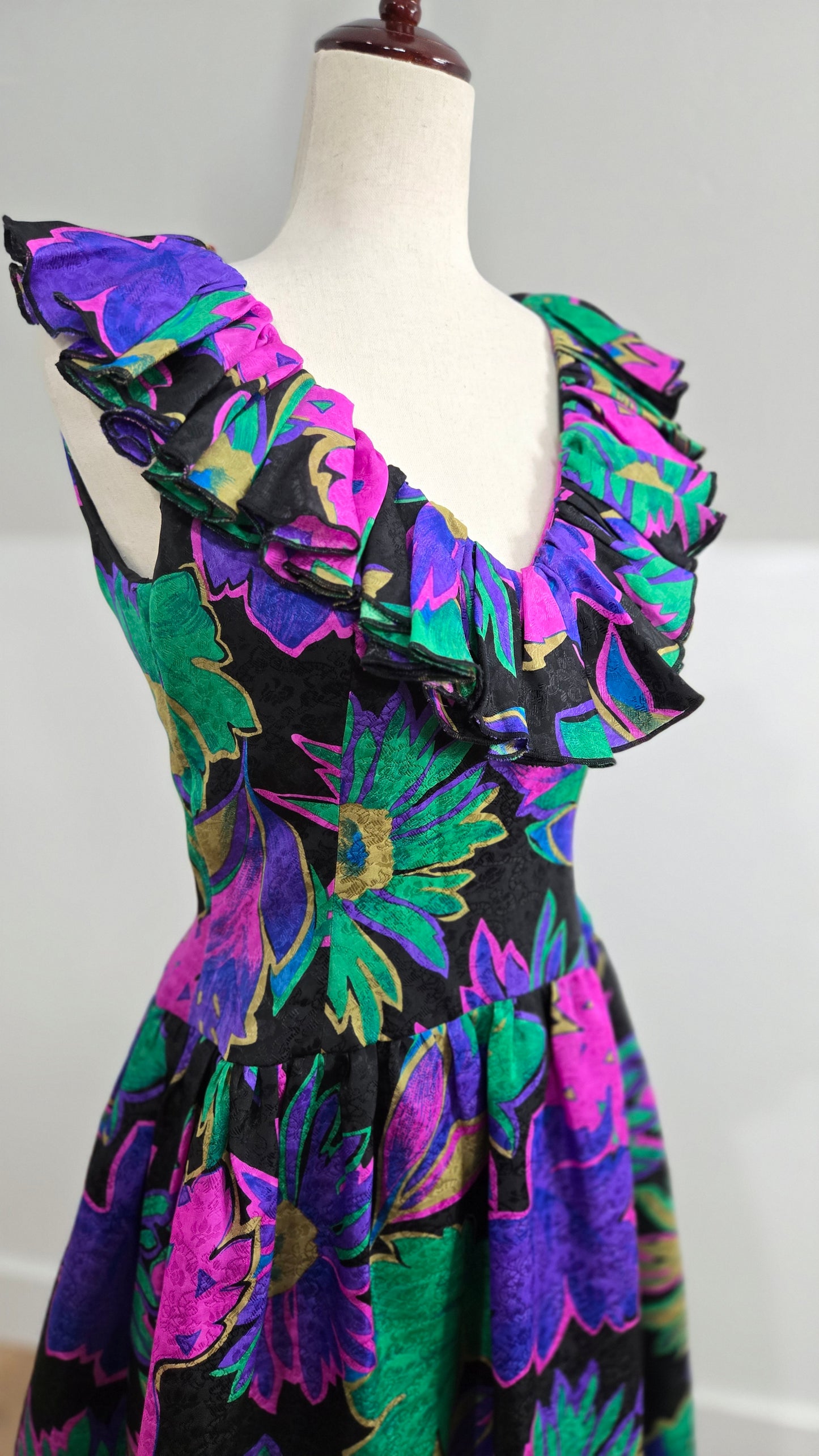 Morton Myles Vintage 1980s Silk Floral Dress - Small